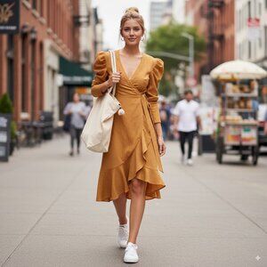 C/meo Collective ADVANCE LONG SLEEVE WRAP DRESS IN MUSTARD Size M NWT